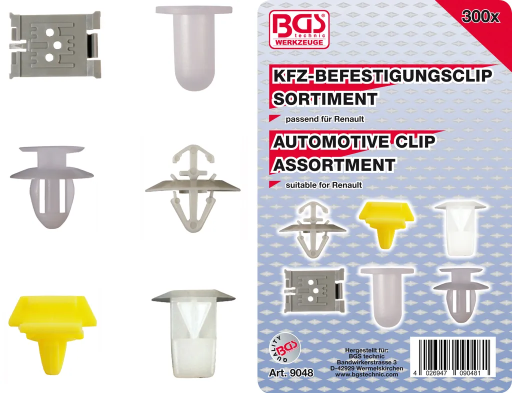 Assortiment Clips Auto Renault 300pcs BGS 9048 en Nylon Robuste Pro
