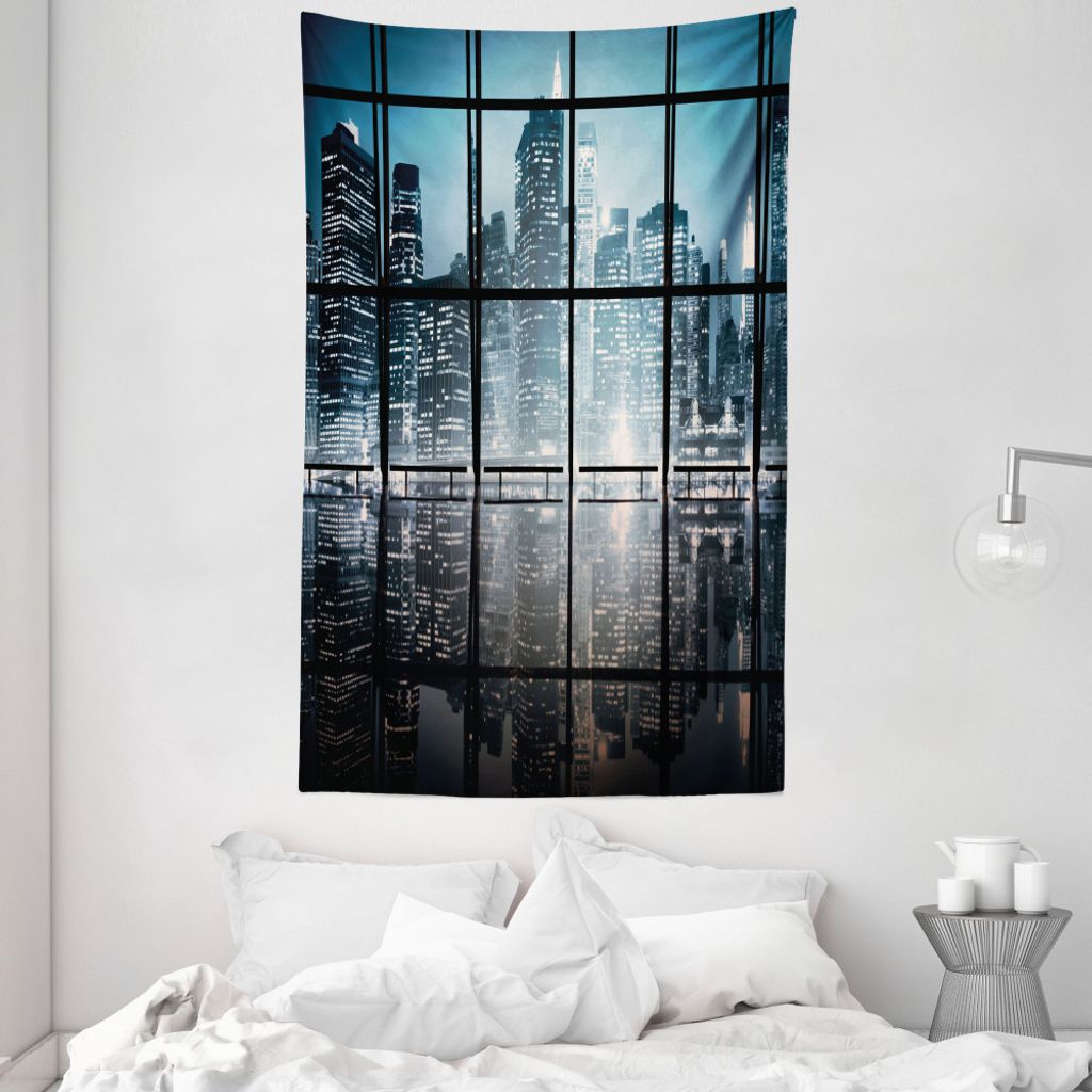 ABAKUHAUS Stadt Wandteppich und Tagesdecke, New York bei Nacht-Landschaft aus Weiches Mikrofaser Stoff Waschbar ohne Verblassen Digitaldruck, 140 x...