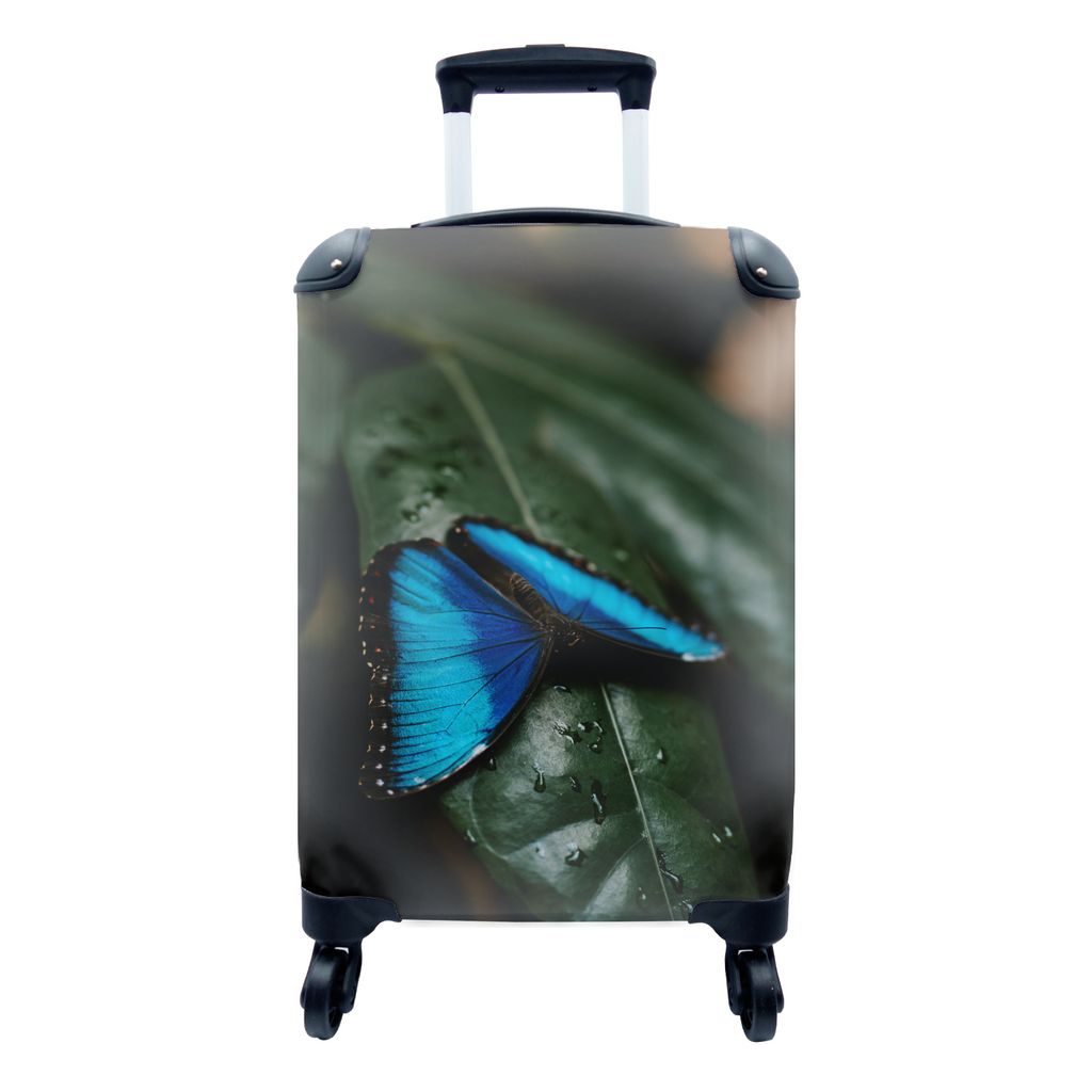 MuchoWow Koffer Handgepäck Trolley Rollkoffer Kleine Reisekoffer mit 4 Rollen - Abstrakte Darstellung eines blauen Schmetterlings auf einem grü...
