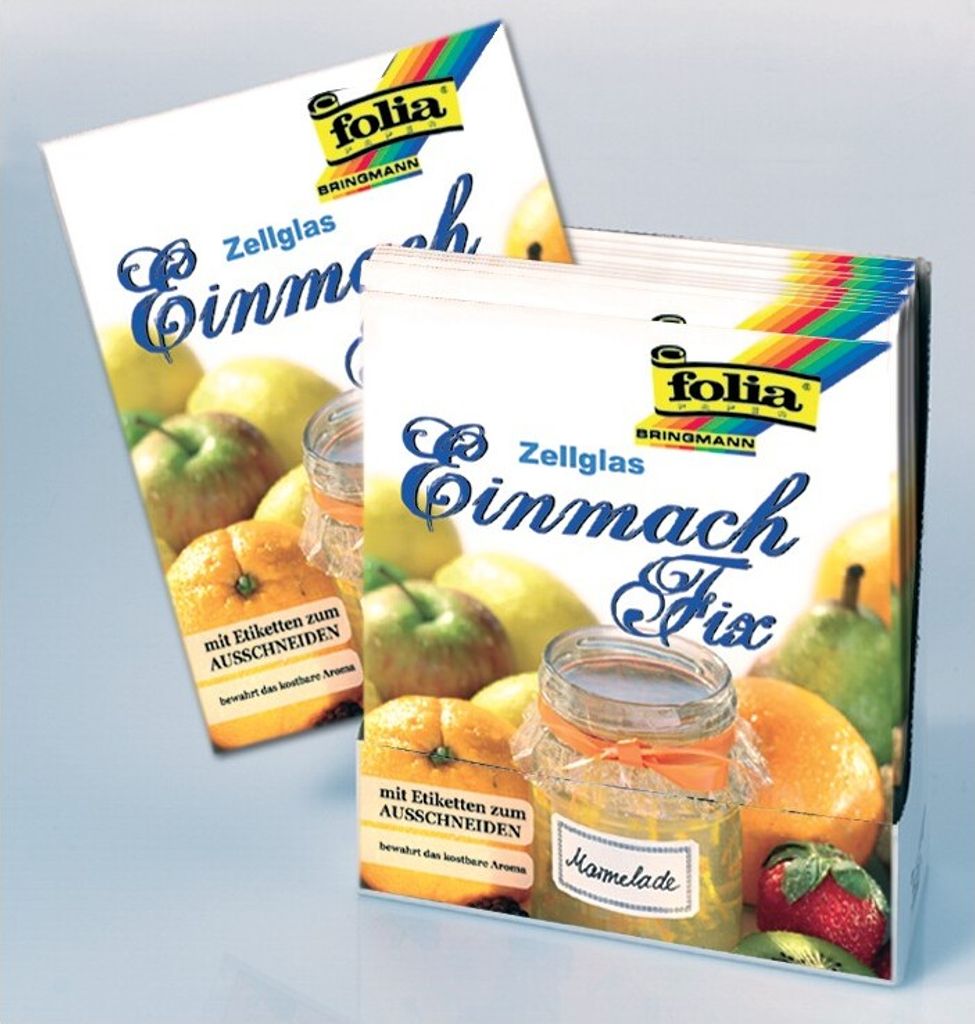 A product display featuring packaging for jam-making supplies, with fruits and a jar of jam.