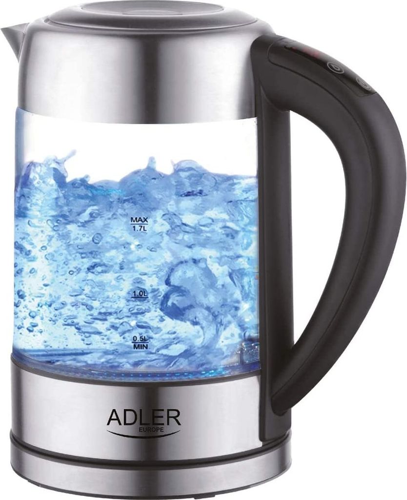 JUNG ADLER AD1247 Wasserkocher mit Temperatureinstellung (60-100°C) Digital, 2200W, Glas mit Edelstahl, 1,7 Liter, LED Innenbeleuchtung mit Farbwe...