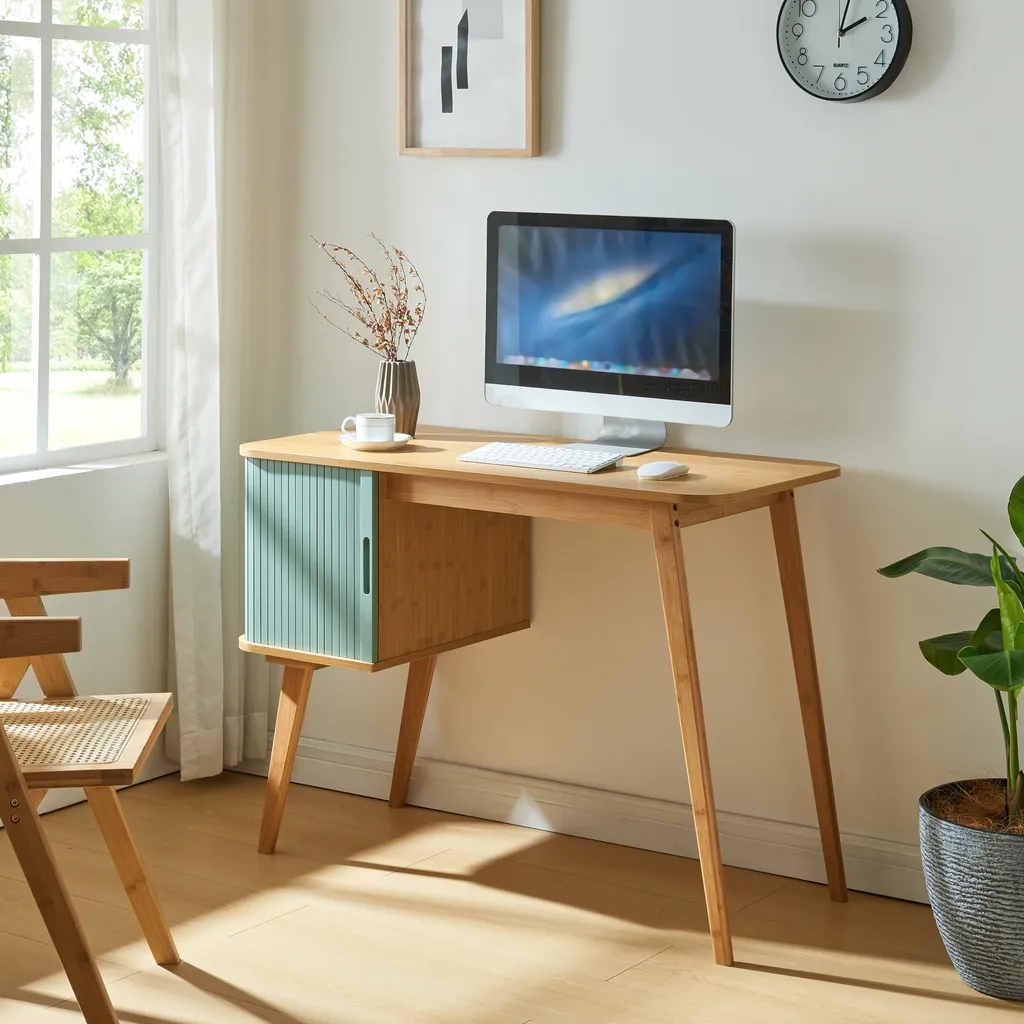 Bureau en bambou avec rangement fermé Tysvær bicolore bleu et bois