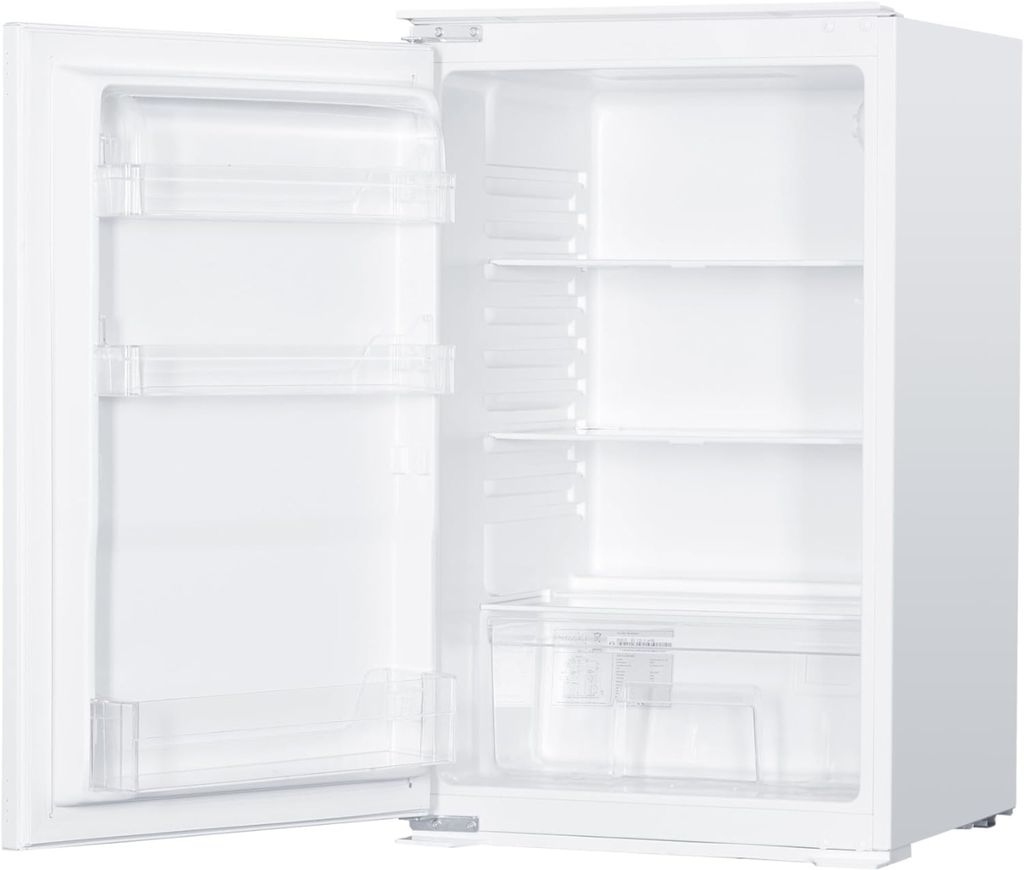 An open, empty white refrigerator with shelves and drawers.