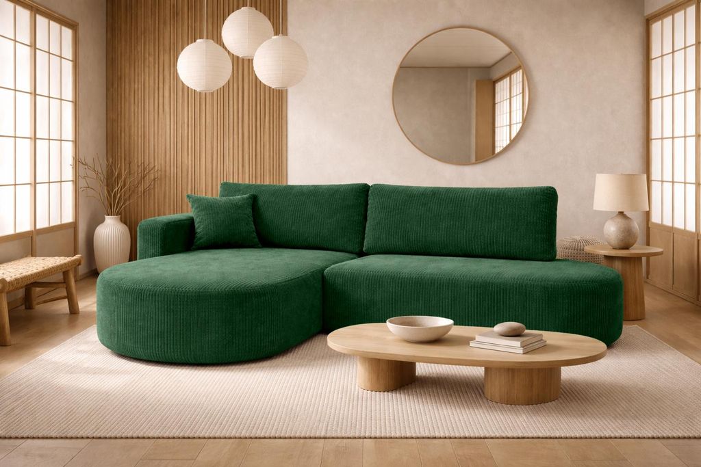 Kaiser Möbel Ecksofa mit Schlaffunktion und Bettkasten, Cordstoff Poso, Grün, Links, ROUND ONE OPEN XL