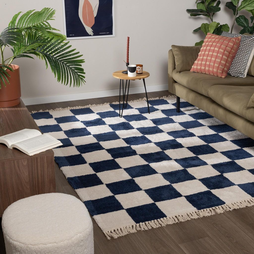 Volero - Tapis à damier - Blox Franges Bleu - 140x200 cm Image du produit 