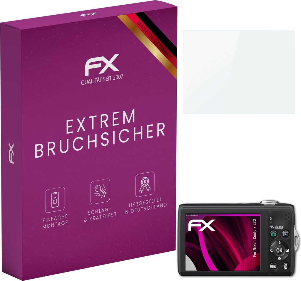 atFoliX FX-Hybrid-Glass Displayfolie kompatibel mit Nikon Coolpix L22 Glasfolie