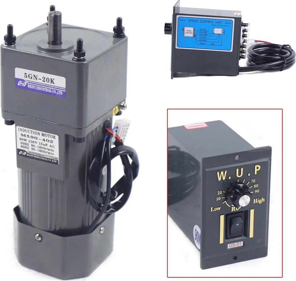Getriebemotor - AC Asynchron 220V 90W - Einphasig - Untersetzung - Drehzahlregler Inklusive - 20K