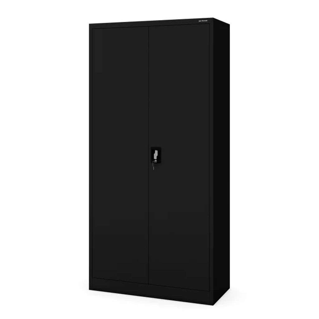A black metal cabinet with two doors and a key lock.