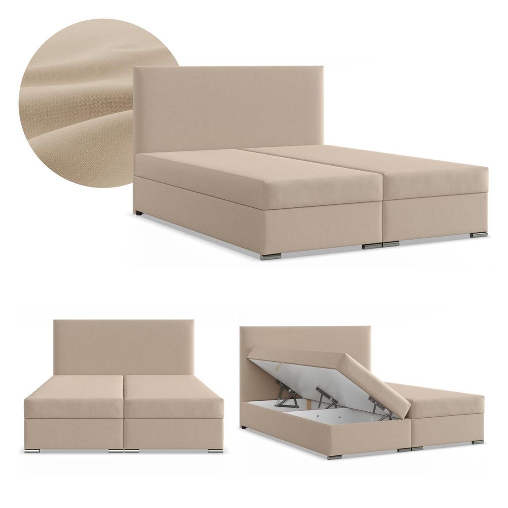 Boxspringbett 140x200 mit 2 Bettkästen, Kontinentales Bett mit Bonell Matratze, Polsterbett, Doppelbett mit Kopfteil, Geflecht, Beige, ZONZA 140 x...