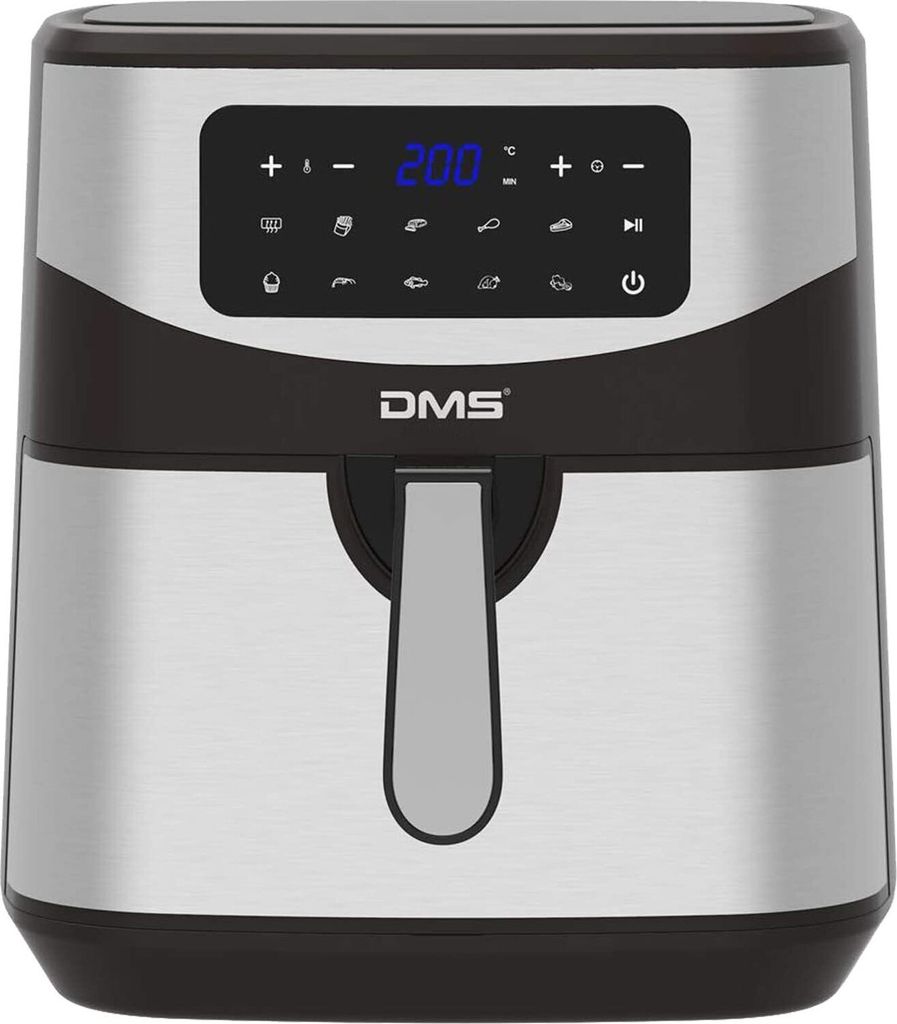 A front view of a silver and black air fryer with a digital display and a handle.