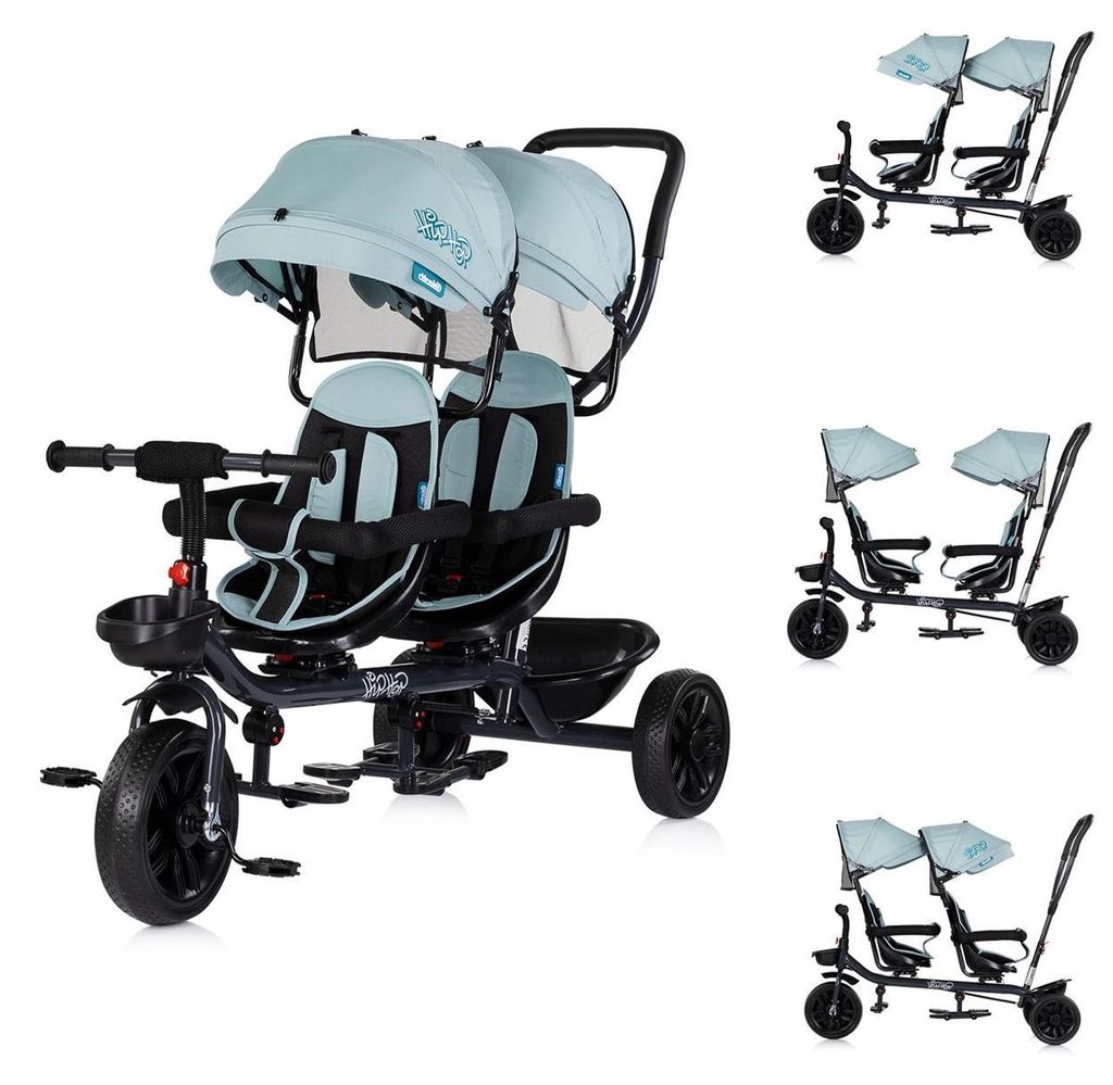 Babyshoppen Geschwisterdreirad Hip Hop, Schiebegriff, Sitze 360° drehbar, Gurte hellblau