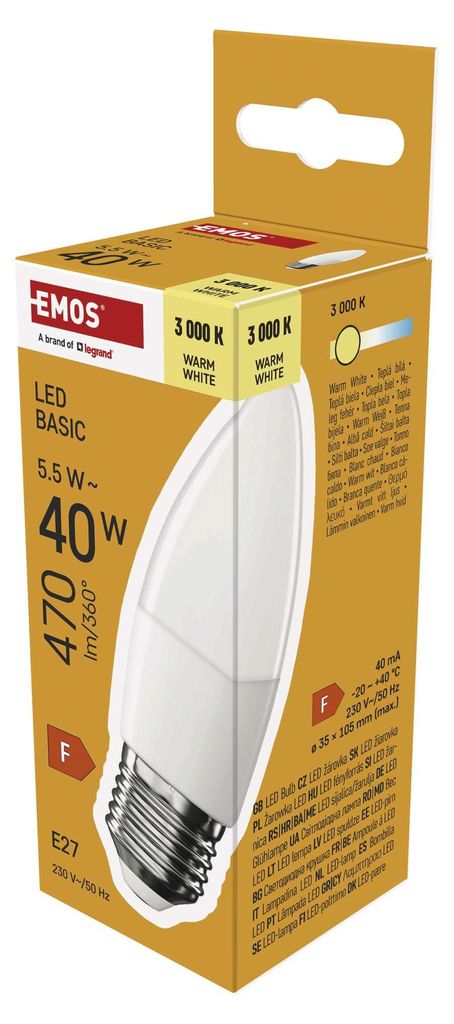 EMOS LED Lampe Candle, 5,5W Ersatz für 40W Glühbirne, E27 Sockel, Helligkeit 470 Lumen, Warmweiß 3000 Kelvin, 20000 St. Lebensdauer, ZL4F22