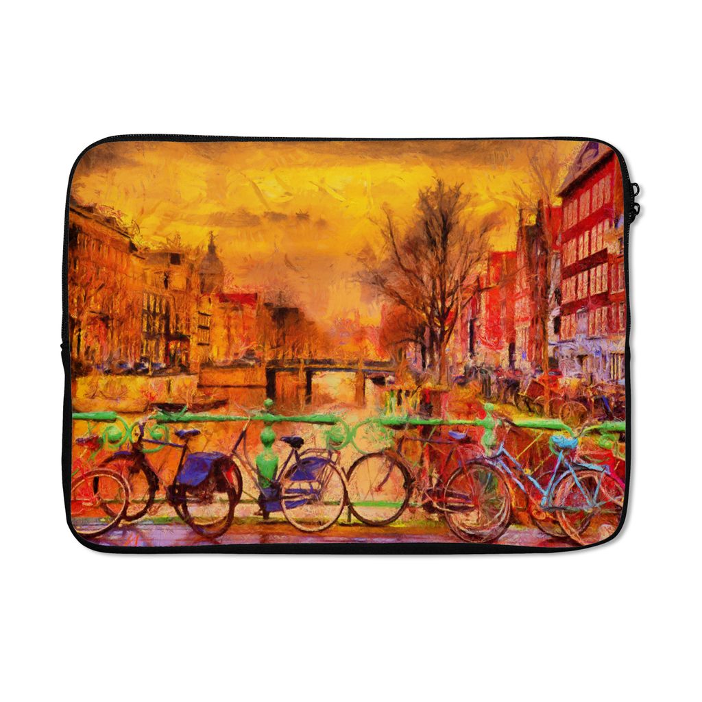 MuchoWow Laptop Hülle 13 Zoll Gemälde - Fahrrad - Amsterdam - Gracht - Öl Laptoptasche - Laptophülle - Sleeve - Rundumschutz