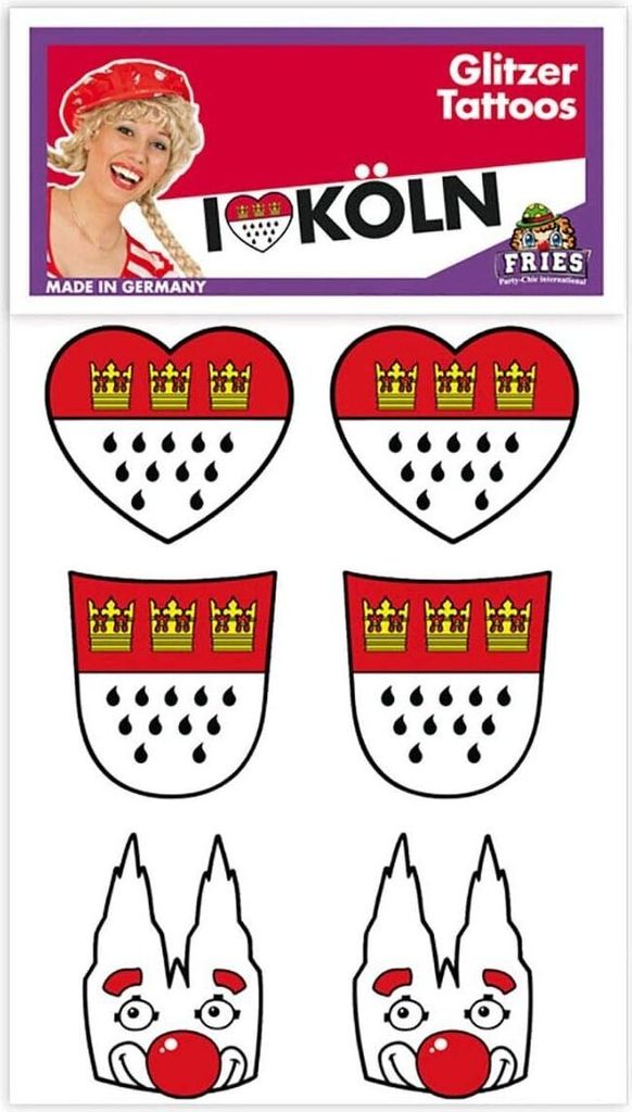 6 Glitzer Tattoos für Karneval mit Köln Motiv, Rot-Weiß, Produktbild 