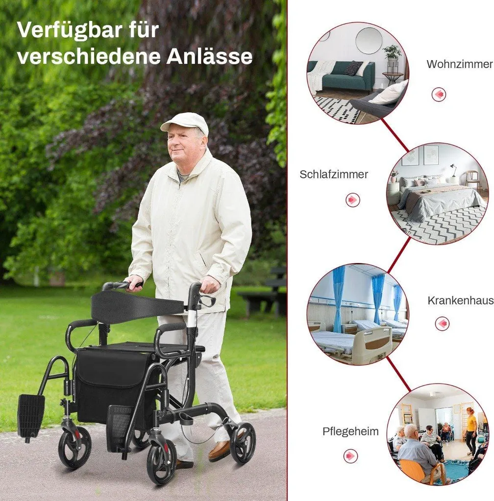 Rollator 4 roues convertible en fauteuil roulant de voyage réglable - 4