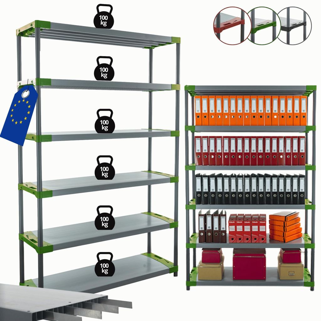 MODO24 Kunststoffregal, 6 Ablagen, 100kg/Boden, Schwerlast, Steckregal, Lagerregal, Plastikregal, Werkstatt, 222x130x46?cm, Grün, TYTAN