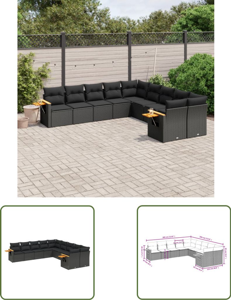 The Living Store 10-tlg. Garten-Sofagarnitur mit Kissen Schwarz Poly Rattan