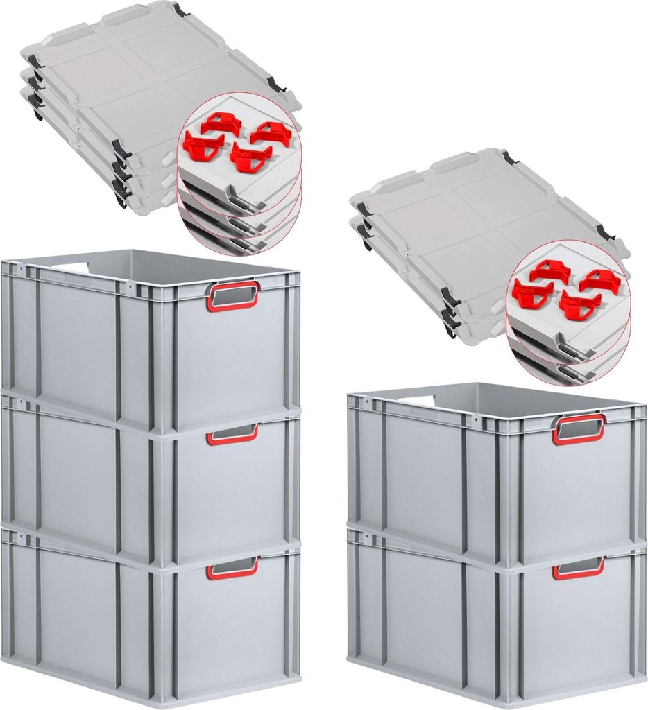 SparSet 5x Eurobox NextGen Color mit Auflagedeckel und Schiebeschnappverschlüsse | HxBxT 32x40x60cm | 65 Liter | Griffe rot offen | Verstärkter B...