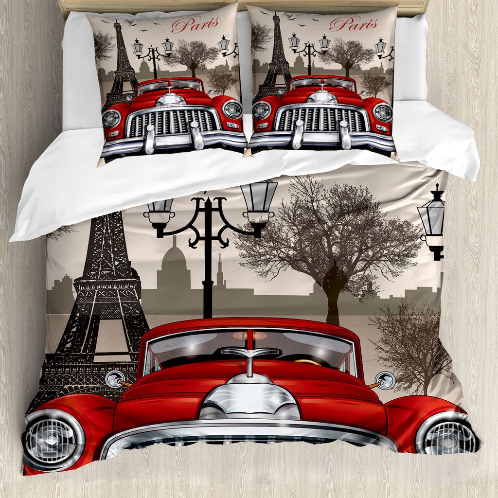ABAKUHAUS Retro Bettbezug, Parisere Stadt-Landschaft, Milbensicher Allergiker geeignet mit Kissenbezügen, 200 cm x 200 cm - 80 x 80 cm, Red Creme ...