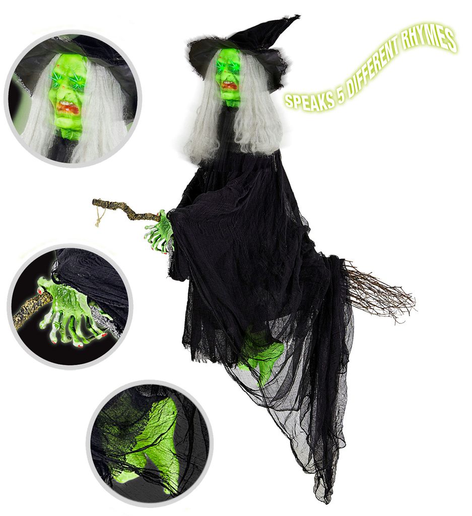 Fliegende Hexe mit Besen 155 cm | Animierte Halloweenfigur