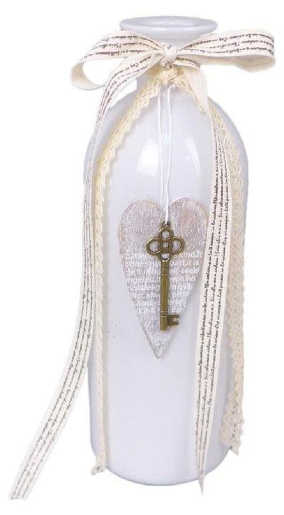 GLAS VASE mit DEKOBAND 16cm. Band Herz und Schlüssel. Flasche in weiß