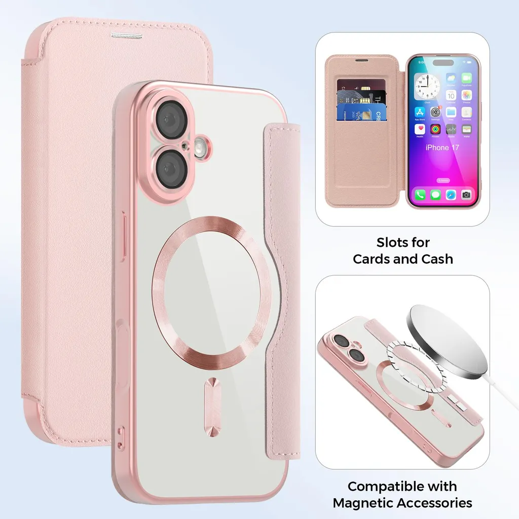 Cover MagSafe iPhone 17 Rosa - Protezione Fotocamera e Portafoglio Pelle