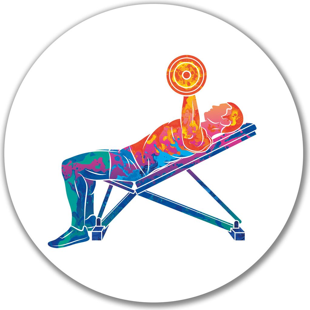 Huuraa Aufkleber Fitness Training Bench Press bunte Silhouette 10cm rund Sticker Geschenkidee
