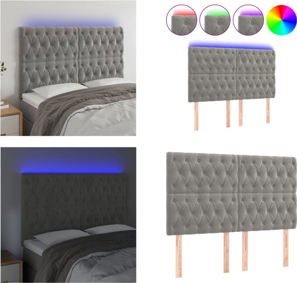 vidaXL LED Kopfteil Hellgrau 144x7x118/128 cm Samt - LED Kopfteil - LED Kopfteile - Kopfteil - Bett-Kopfteil