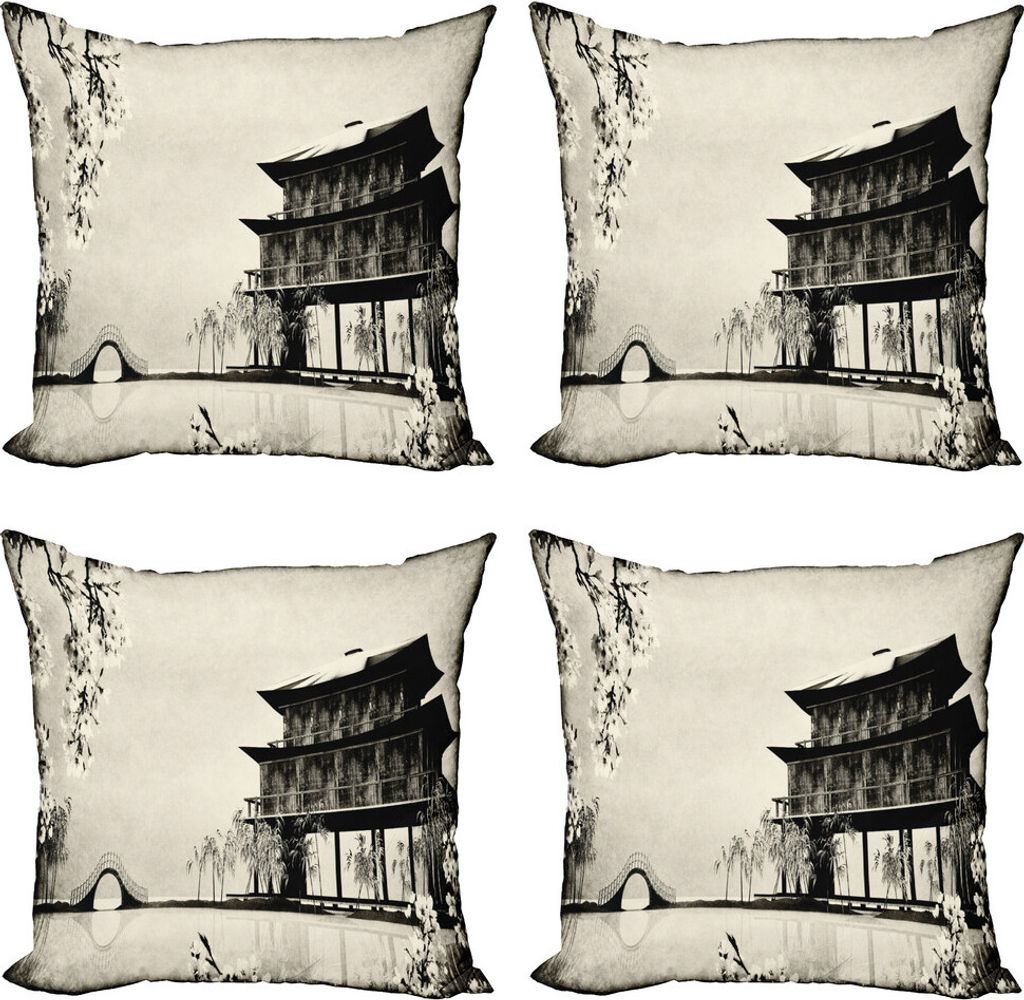 ABAKUHAUS japanisch Kissenbezug Set (4 Stück), Landschaft des Fernen Ostens, Moderner Doppelseitiger Digitaldruck, 45 cm x 45 cm, schwarz Beige