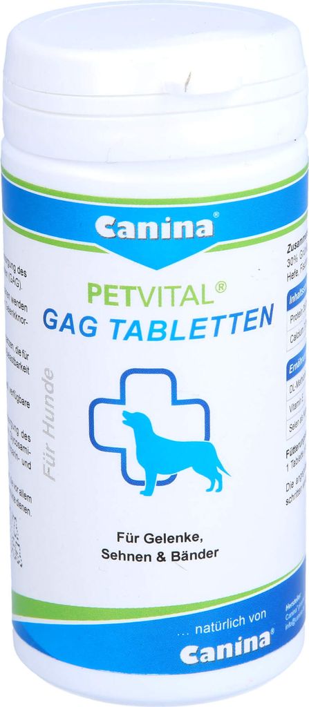 A product shot of a white plastic bottle of Canina PETVITAL GAG TABLETTEN for dogs.