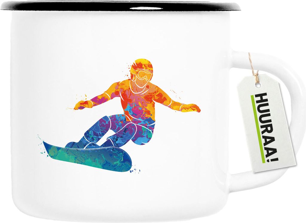 Huuraa Emaille Tasse Snowboarden bunte Silhouette 300ml Vintage Campingbecher Geschenkidee