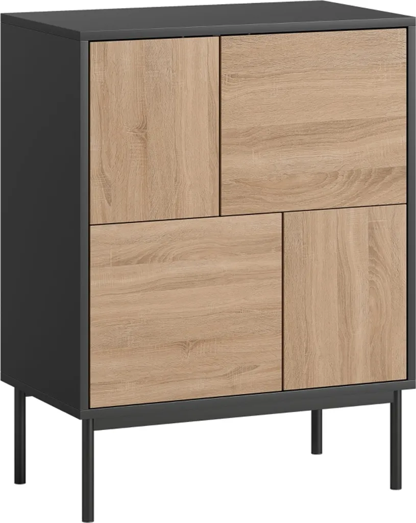 Credenza con ante ad apertura push-to-open, mobile da sala da pranzo con gambe in metallo, mobile da cucina, MDF, nero+legno naturale