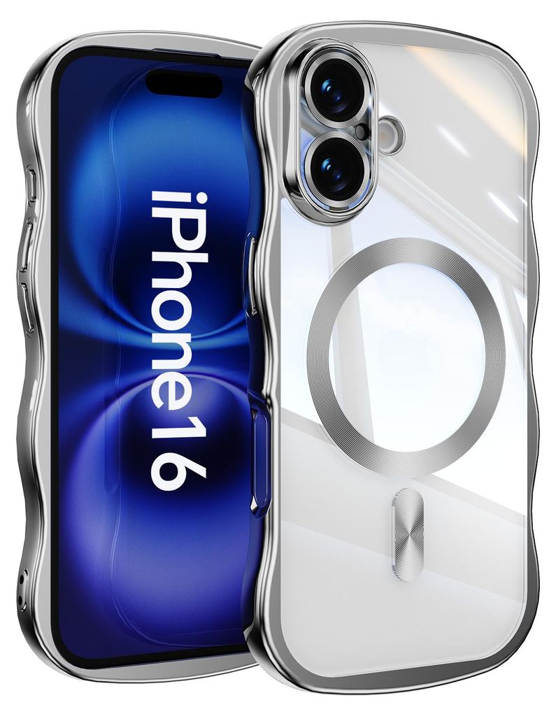 Magnetisch Hülle für iPhone 16, Wellen Überzug Bumper Transparent Stoßfeste Handyhülle mit Kameraschutz Silber