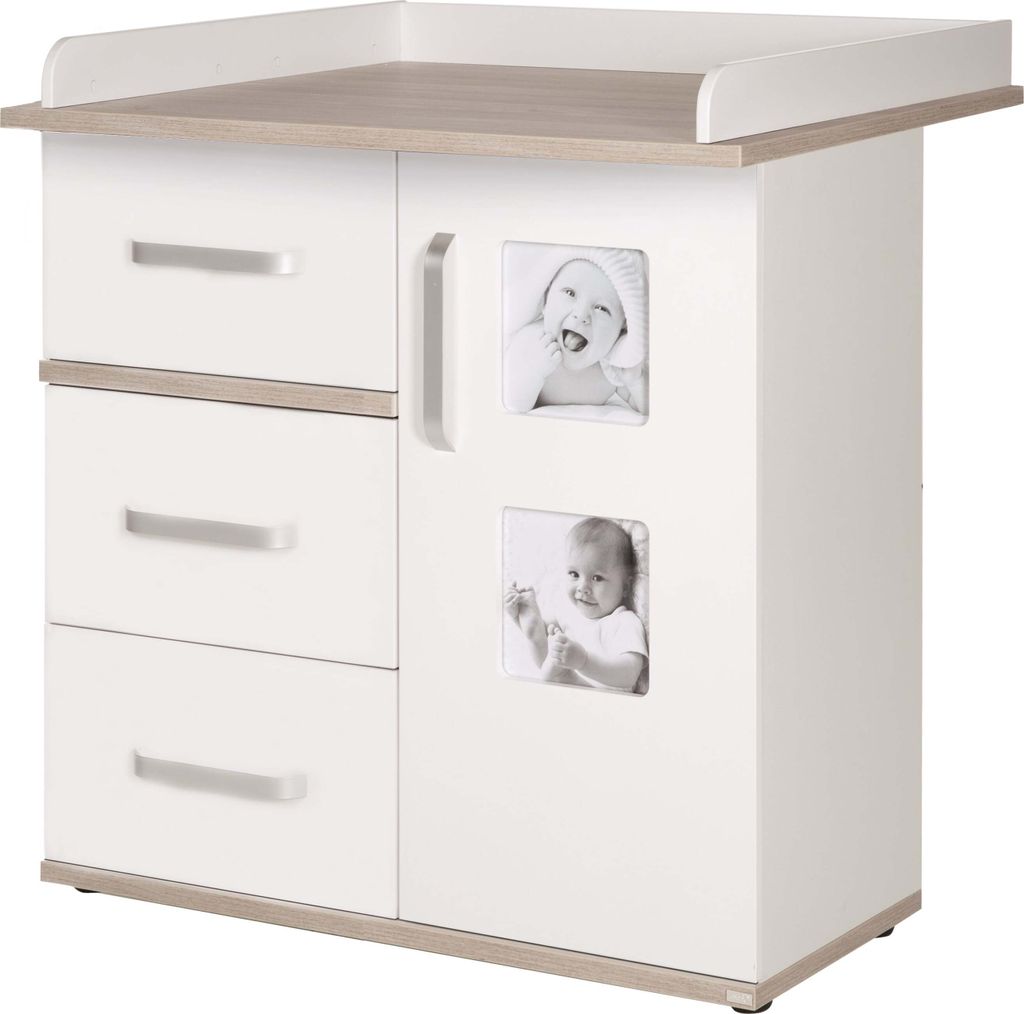roba Wickelkommode mit Wickelansatz „Moritz“, Wickeltisch mit 2 Bilderrahmen, weiß, Luna Elm