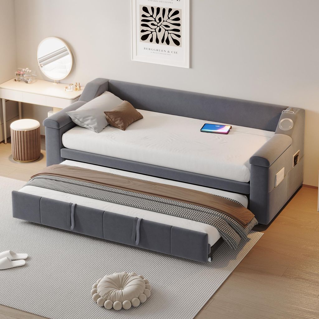 Lit Coffre 90x190 Cm Avec Tête De Lit LED Et Rangement - Velours Gris Foncé, Ports USB, Coffre Hydraulique, Sommier Lattes - Sans Matelas
