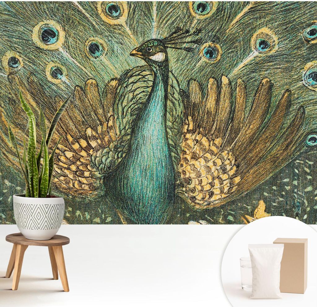 Fototapete - 208x146 cm - Tapete - Wandtapete - Wandbilder - Dekofolie - Tapete Folie - Wand - Dekoration - Wohnzimmer - Majestätischer Pfau