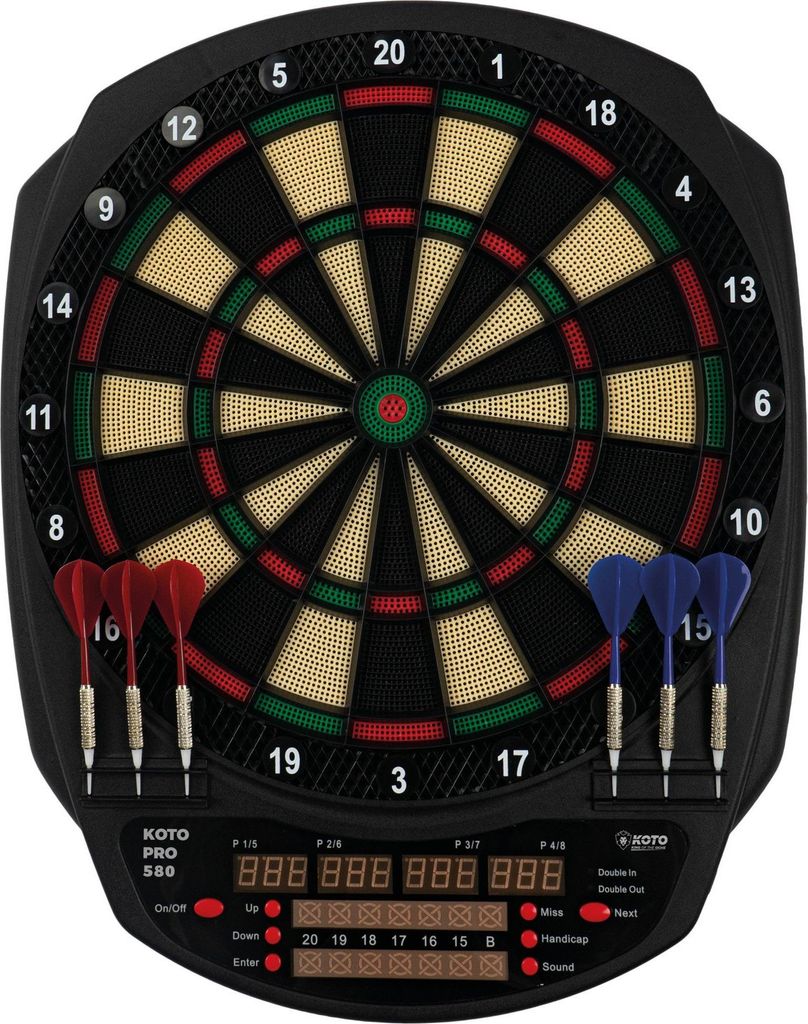 KOTO – Dartscheibe Elektronisch Pro 580 (42,5x2,5x52 cm), 6 Softdarts + 30 Spitzen, 36 Spiele, 580 Varianten, LED-Anzeige, Für Kinder und Erwach...