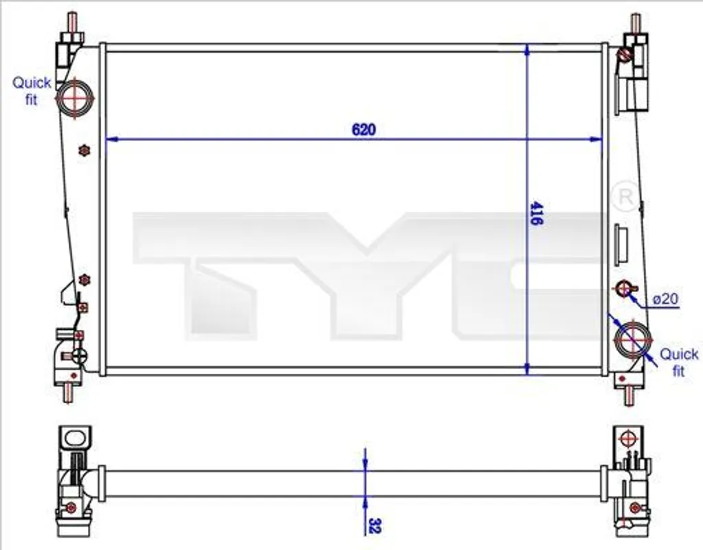 Radiateur Moteur TYC 725-0042-R OE 1300287 pour Grande Punto et Mito