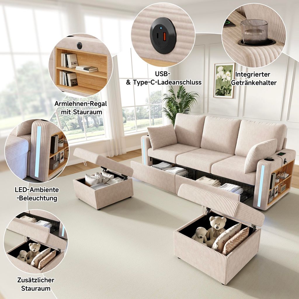 Merax Modulares U-L Sofa, 5-Sitzer Ecksofa mit 2