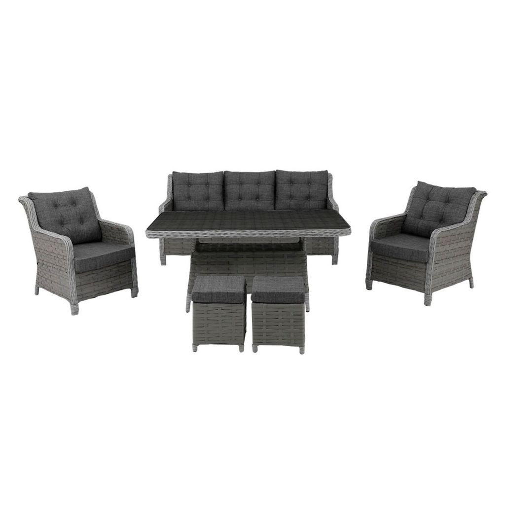 Sitzgruppe Aluminium Rattan Garten 7 Personen Gartenmöbel Set 3-Sitzer Sofa, 2 Sesseln, 2 Hockern, 1 Tisch für Balkon