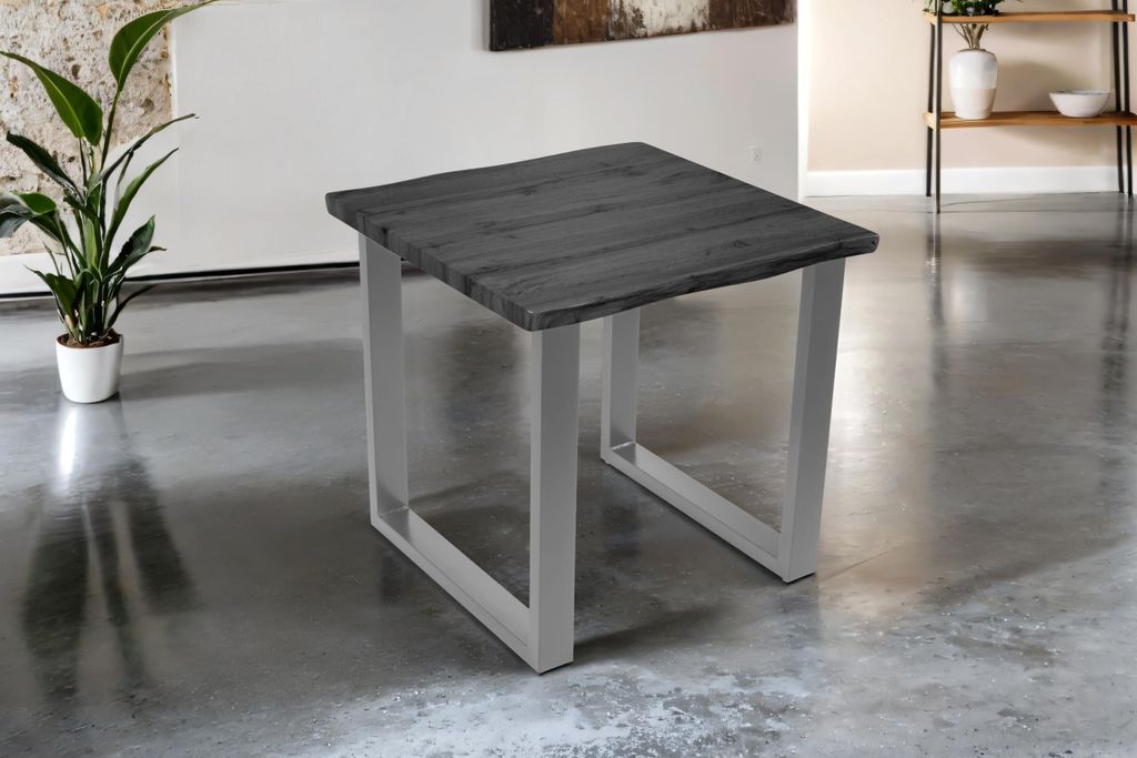 Esstisch Josy | 80 x 80 cm | Holz-Optik in Grau | U-Gestell Metall Silber | 40 mm Tischplatte mit Baumkante | Tisch für Esszimmer & Küche