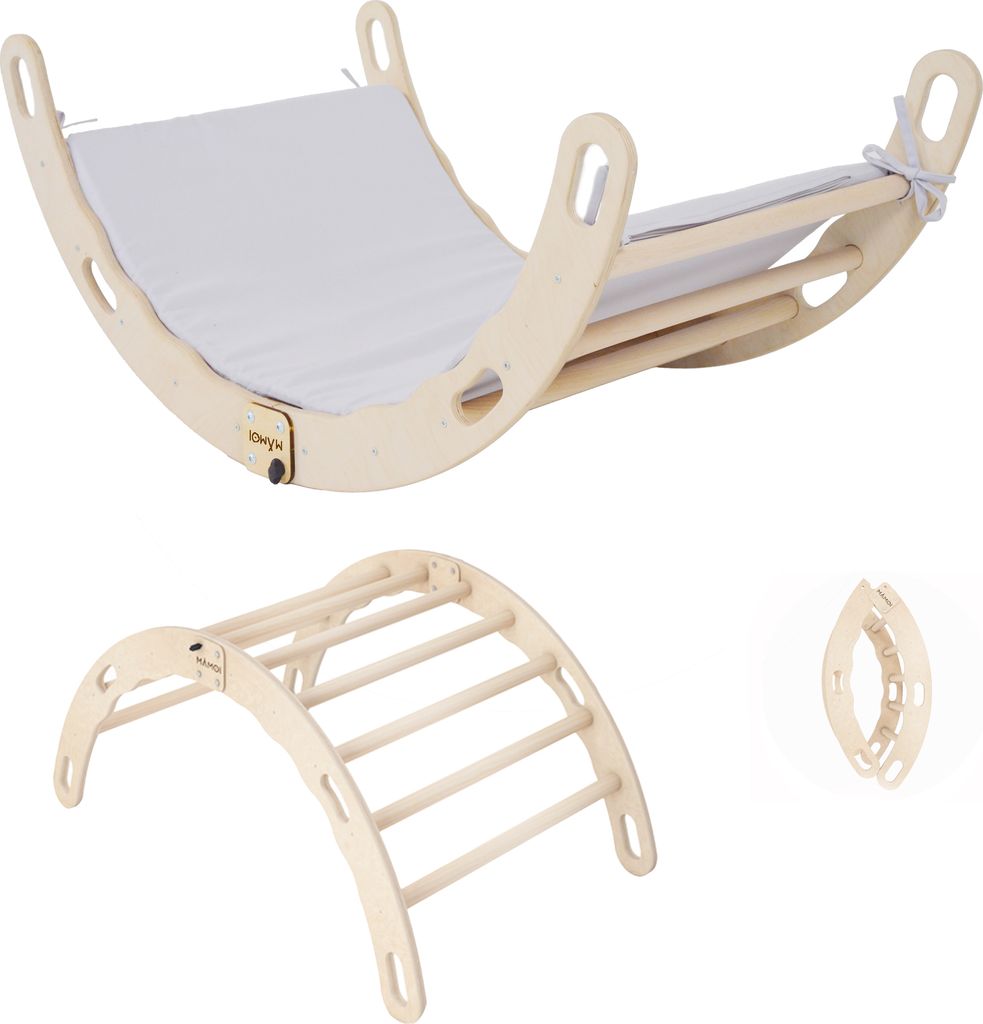 MAMOI Kletterbogen, Kletterdreieck, Baby klettern mit kissen, Regenbogenwippe aus holz, Holzbogen für Kinder, Klettergerüst indoor ab 1/2/3 jahre