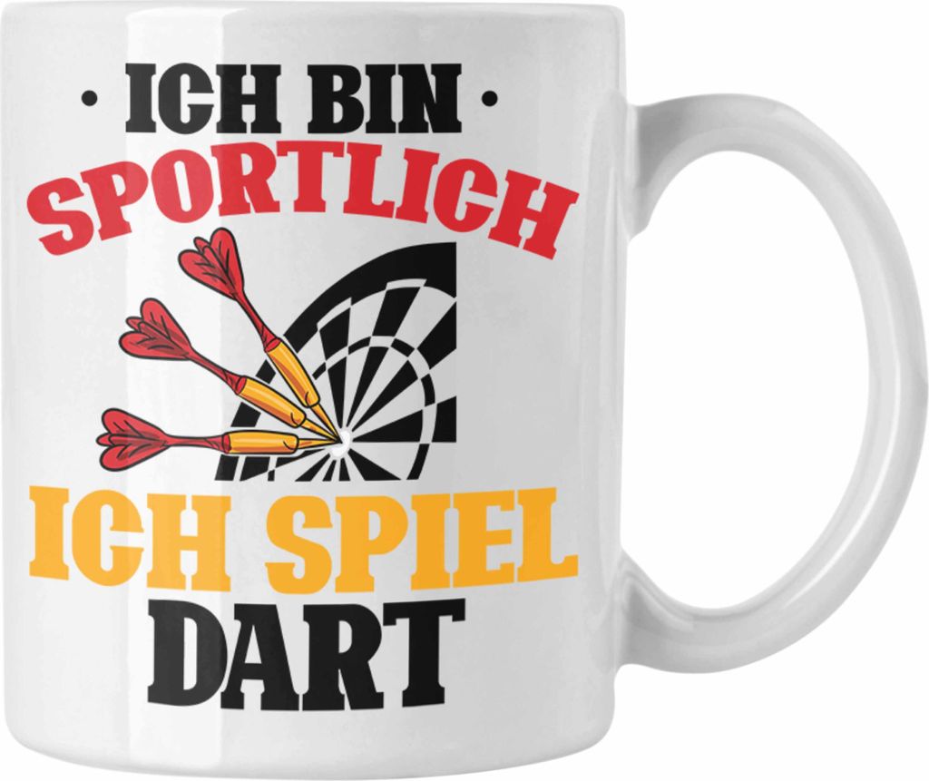 Trendation - Darts Tasse Geschenk Dartspieler Ich bin Sportlich Ich Spiel Dart Lustiger Spruch Geschenkidee (Weiß)