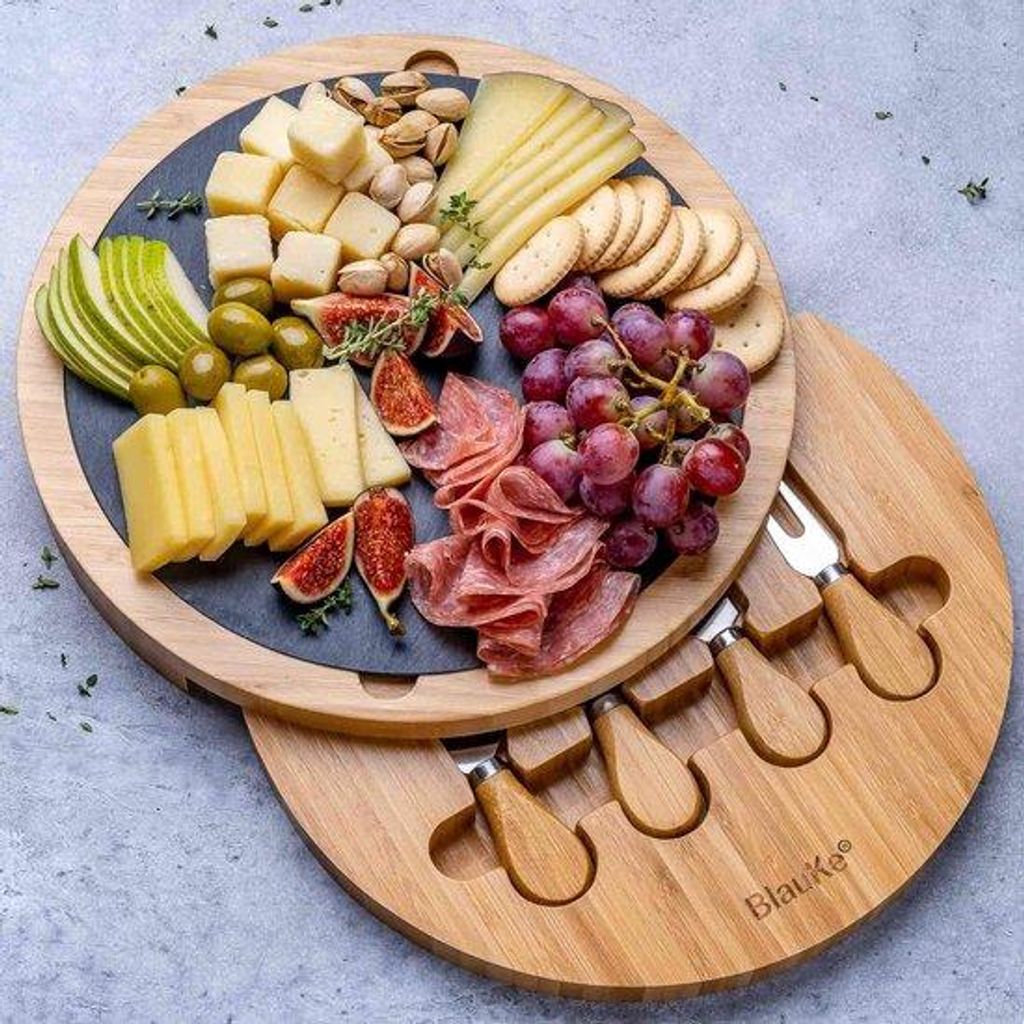 Bamboe erset door hout - 30 cm runde houtene Platte mit Messer und Leiste - Holzschale für Käse und Appetithäppchen - drehbarer Holzschinkenbrett.