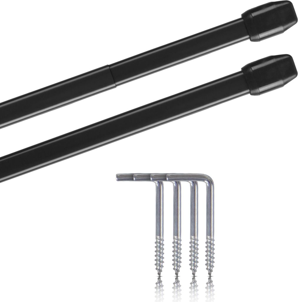 Two black curtain rods and four screws are shown against a white background.
