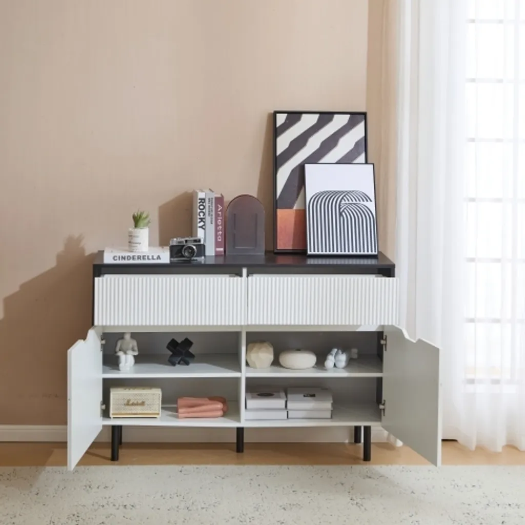 AIORBER Buffet Blanc 120x40x80cm avec 2 Tiroirs et Design Oxford Rainuré
