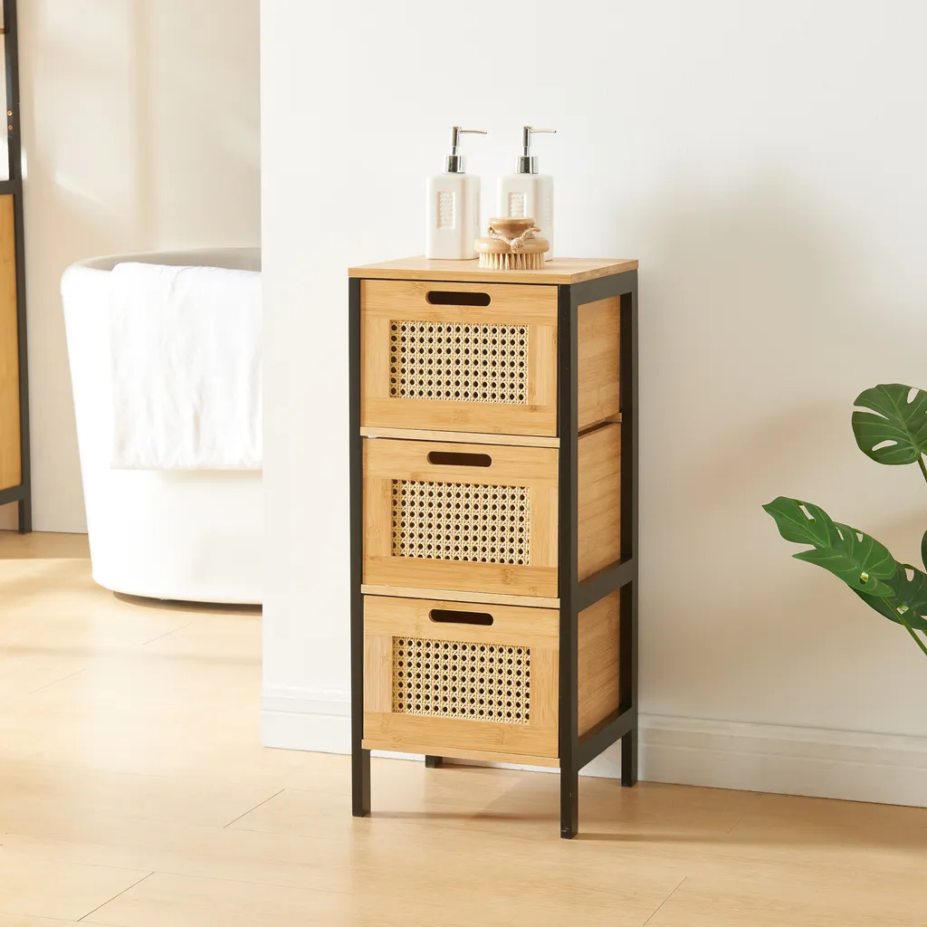 Meuble de rangement Tervola pour salle de bain 3 tiroirs noir et bois