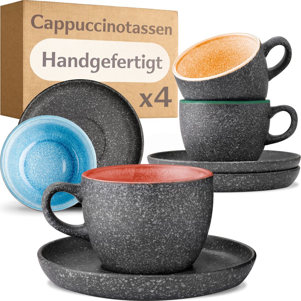 Cosumy Cappuccino Tassen mit Untertassen 4er Set Bunt