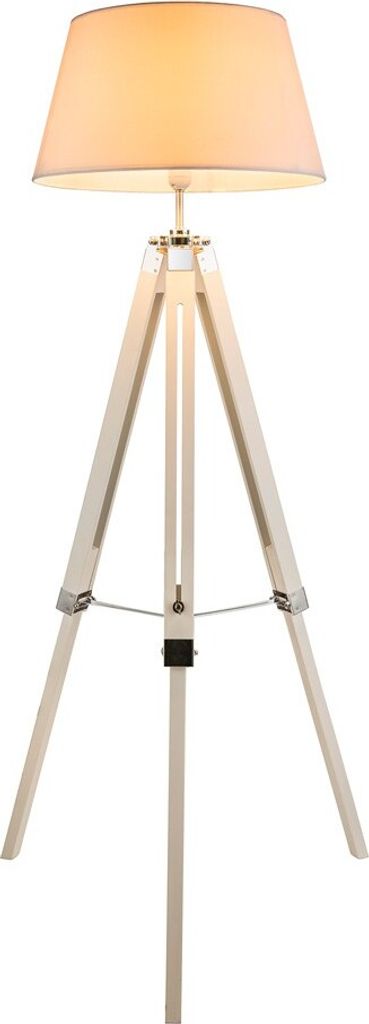Dreibein Stehleuchte 145cm mit weißen Holzfuß & Stoffschirm