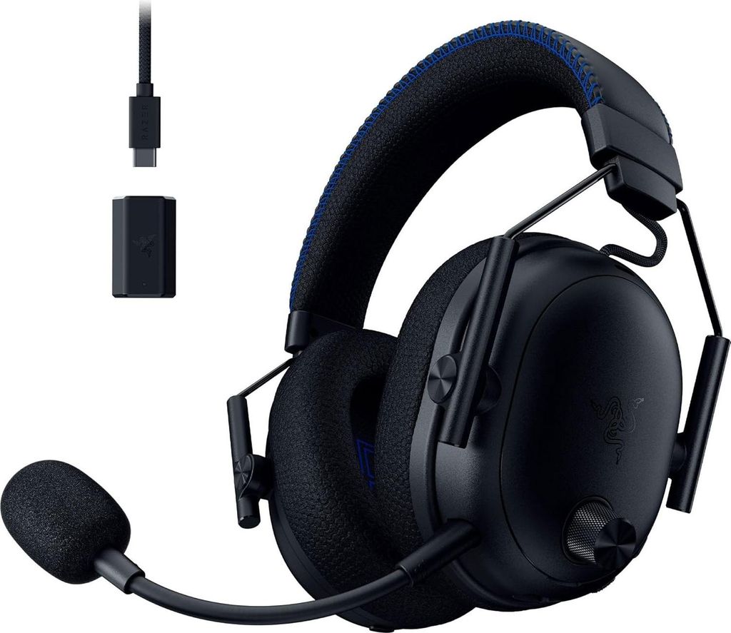 A black Razer BlackShark V3 Pro headset with a USB-C adapter and cable is shown against a white background.